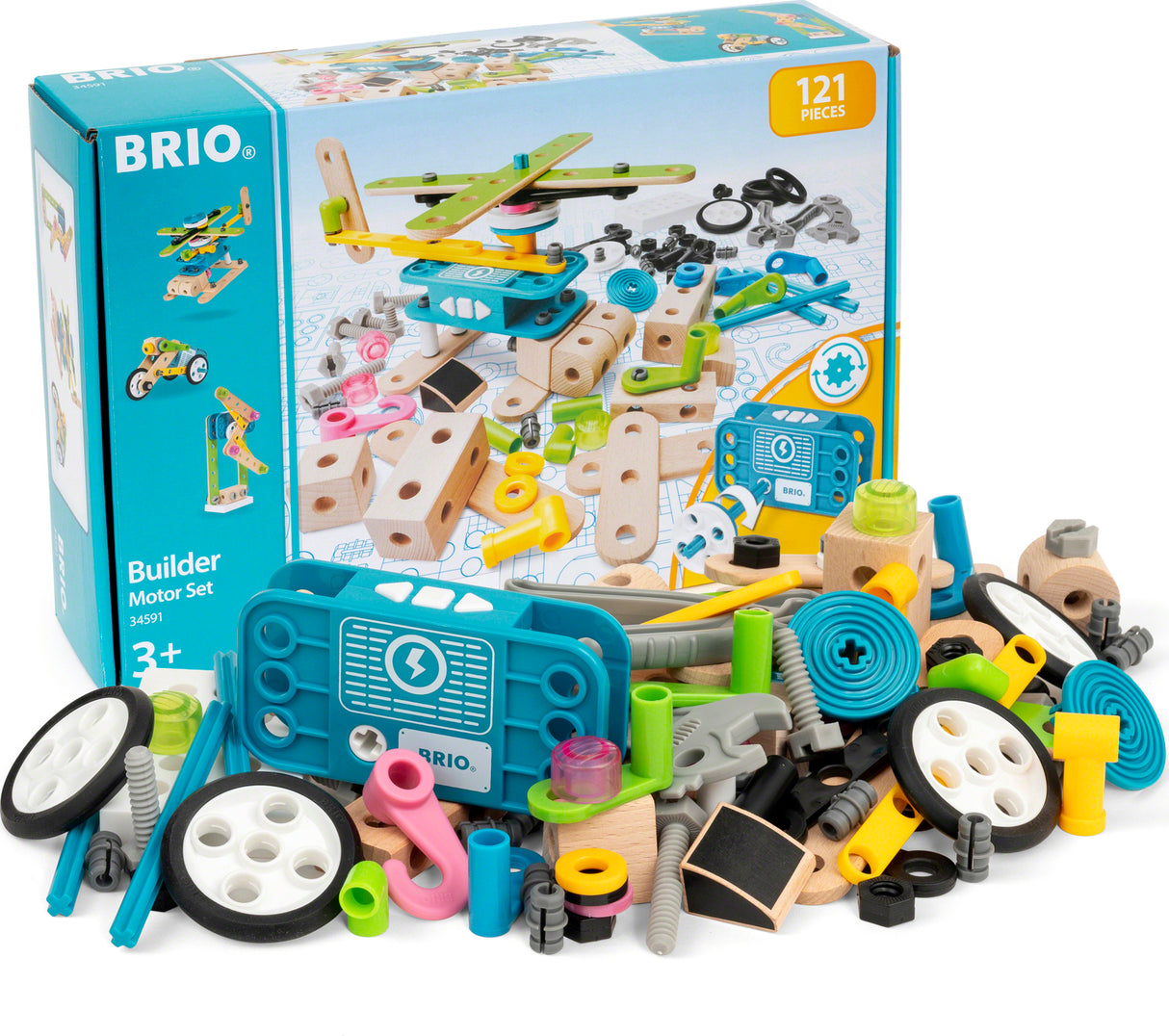 BRIO Builder Motor Set packaging with toy parts on a white background