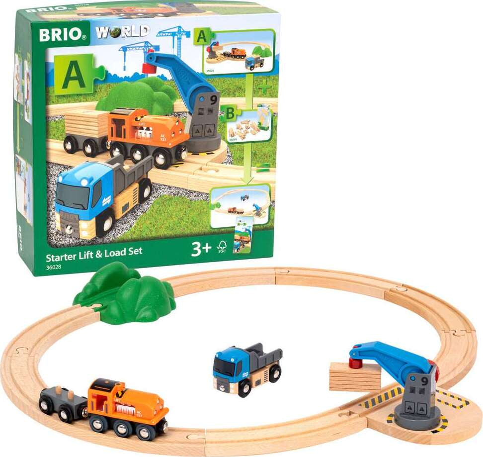 BRIO World starter lift and load set with wooden track and toy vehicles on a white background