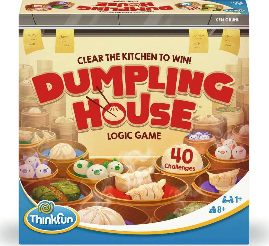 Box of Dumpling House logic game by ThinkFun with dumplings and kitchen elements on the cover.