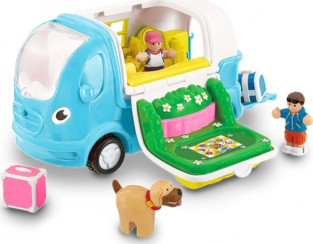 Toy Kitty Camper Van with open door, figures, and a dog on a white background