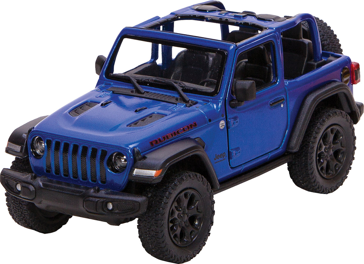 Blue toy Diecast Jeep Wrangler with black accents on a white background