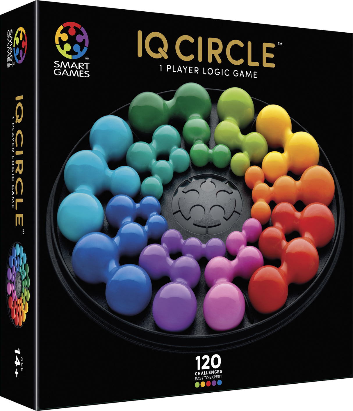 IQ Circle logic game packaging with colorful beads and Smart Games logo.