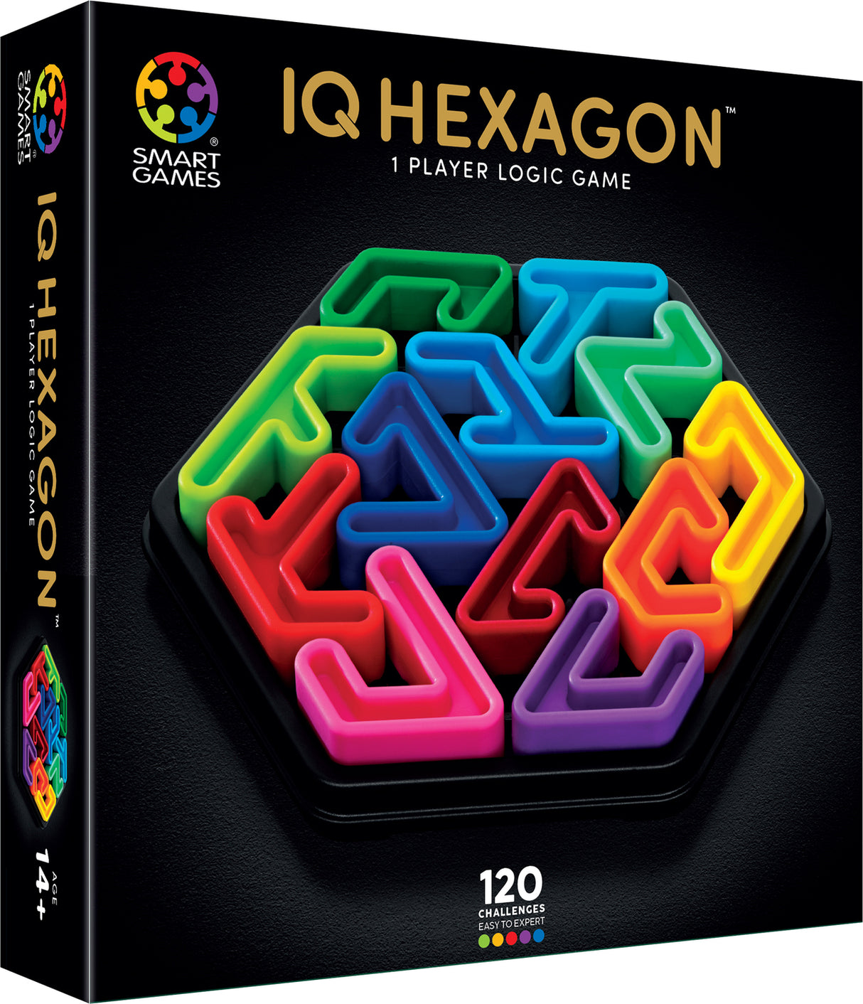 IQ Hexagon puzzle game packaging with colorful hexagonal pieces on a black background