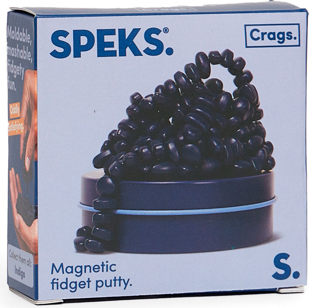 Mini Matte Crags Indigo packaging with blue and black colors on a light gray background.