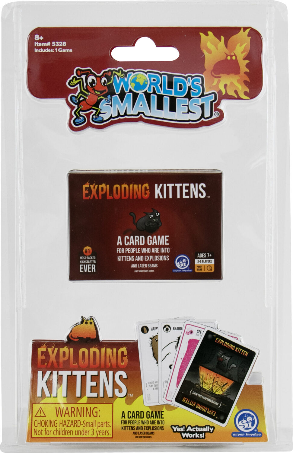 World's Smallest Exploding Kittens card game packaging with cards displayed.