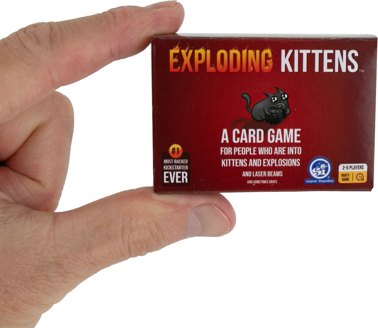 Hand holding a World's Smallest Exploding Kittens card game box