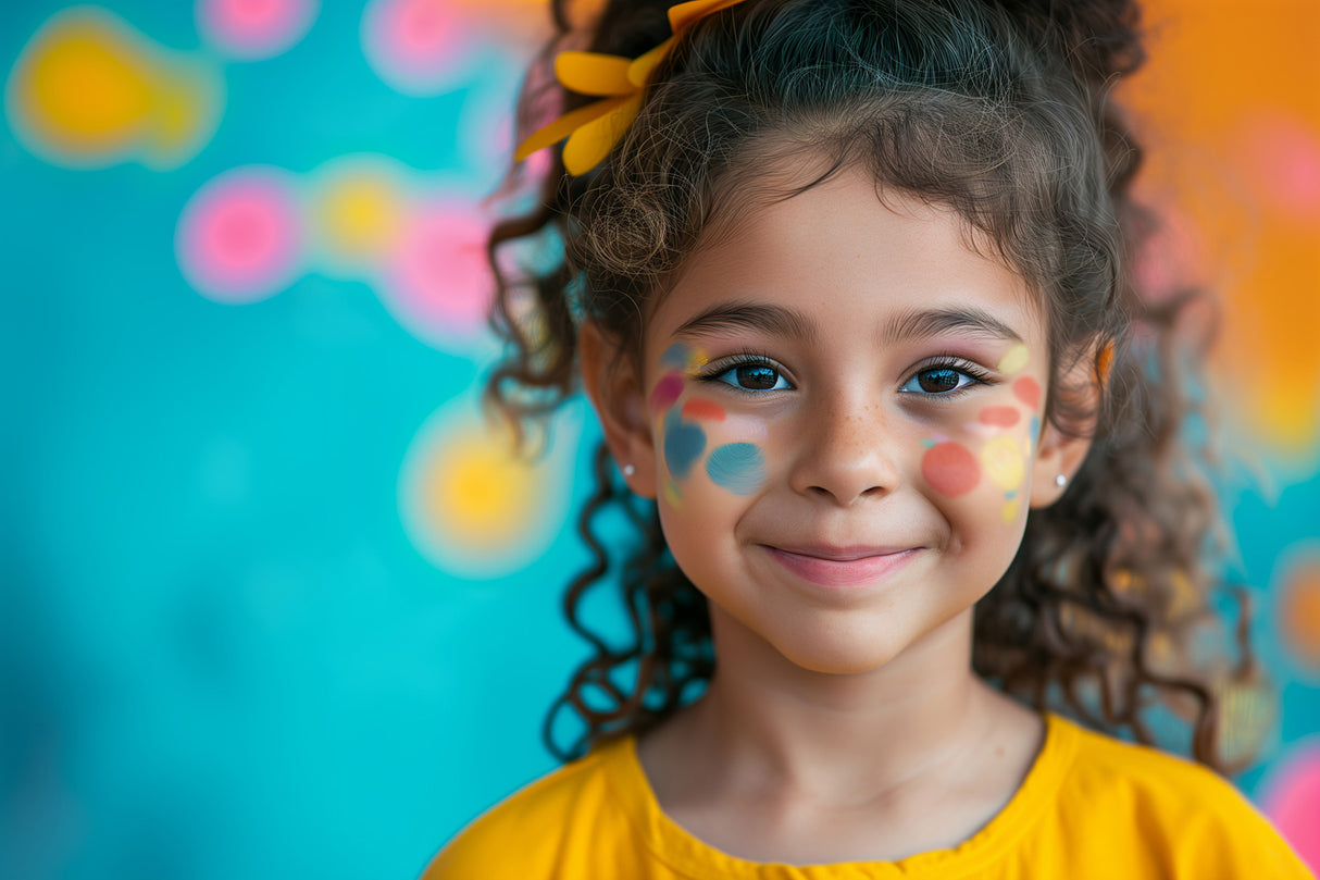 Young girl with colorful face paint using Body Doodlers Face & Body Crayons against a multicolored background