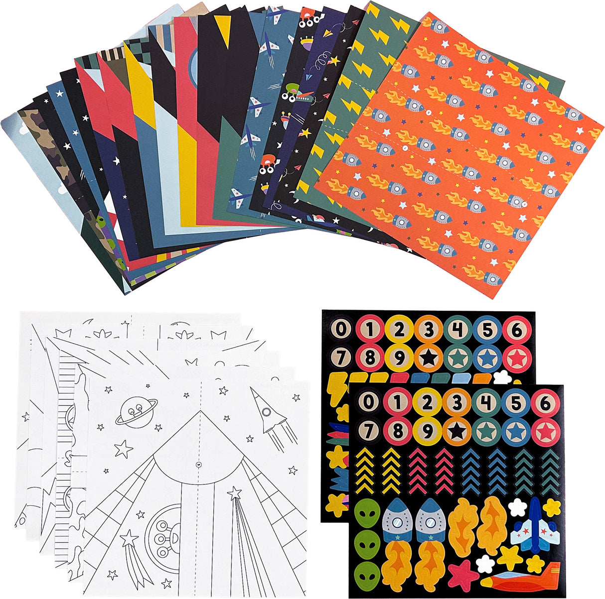 Collection of patterned paper sheets, a coloring page, and sticker sheet for making DIY Paper Airplanes on a white background