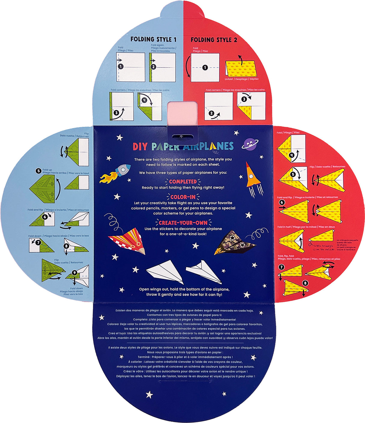 Instructions for making DIY paper airplanes with colorful folding diagrams on a blue background.