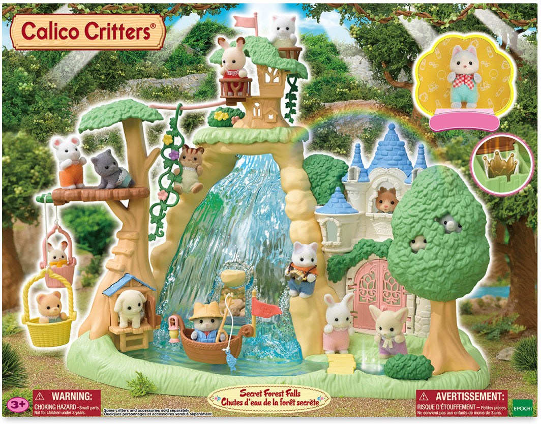 Calico Critters Secret Forest Falls set with various animal figures and scenic elements.