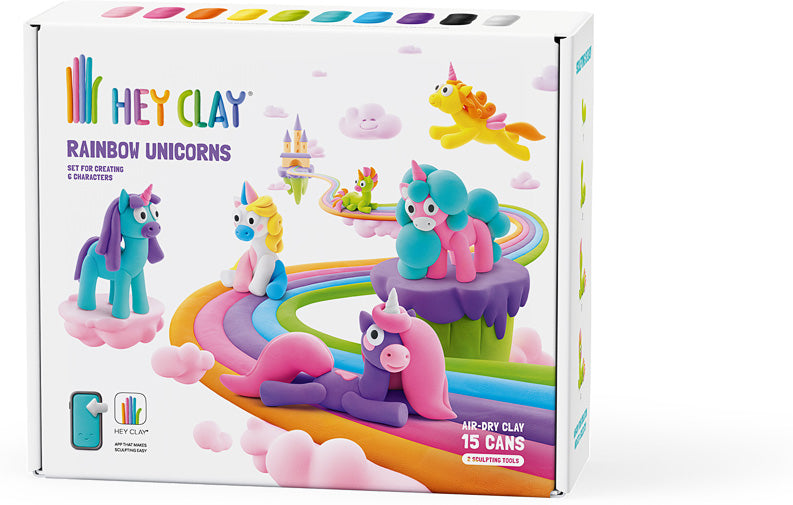 Hey Clay Rainbow Unicorns clay set packaging with colorful unicorns and rainbow elements.