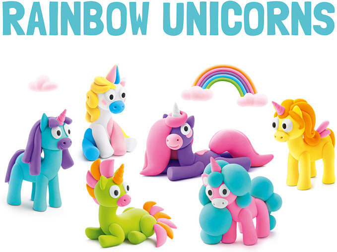 Colorful Hey Clay Rainbow Unicorns with a rainbow and clouds on a white background, labeled 'Rainbow Unicorns'.
