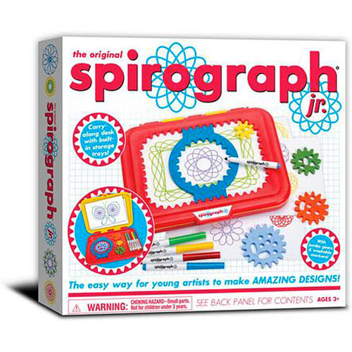 Spirograph Jr. packaging with red case and colorful design elements on a white background