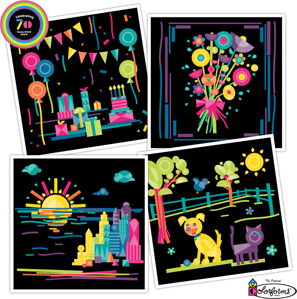 Four colorful illustrations on a black background, featuring a cityscape, flowers, a sunset, and animals. Created using Colorforms 70th Anniversary Set