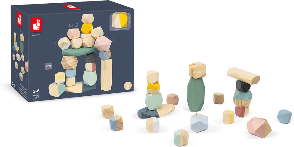 Set of wooden Janod Sweet Cocoon Stacking Stones with a packaging box on a white background