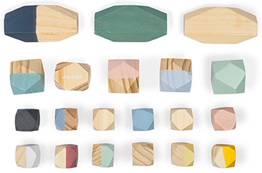 Set of Janod Sweet Cocoon Stacking Stones wooden blocks in various colors on a white background