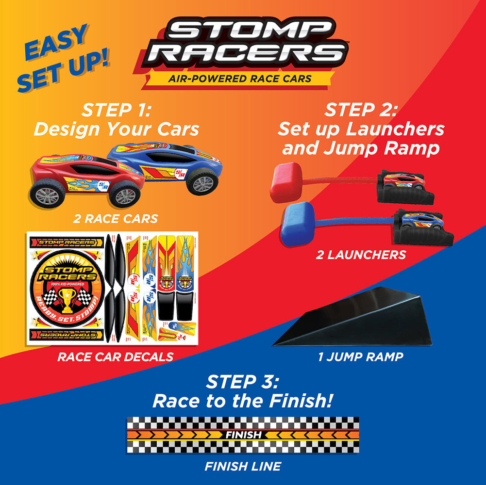 Dueling Stomp Racers toy set with step-by-step setup instructions on a colorful background