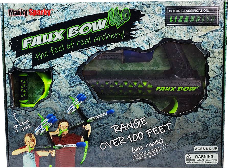 Box for a faux bow archery set with graphics and text on a textured background