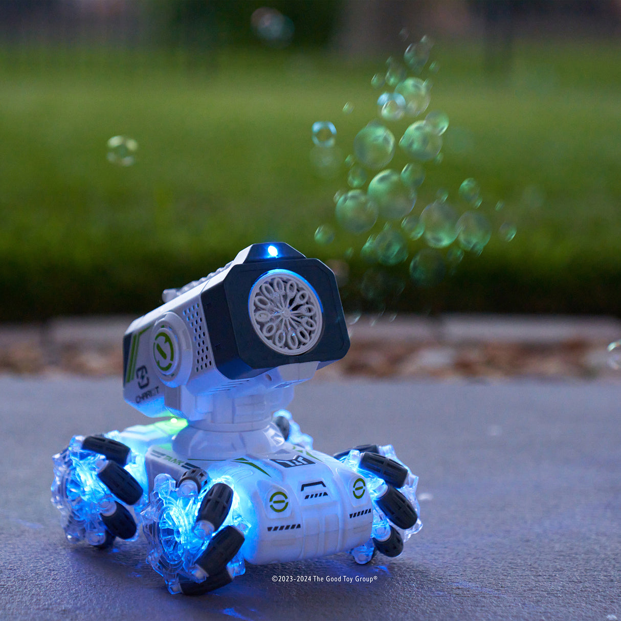Toy Bubble Blitz RC robot with bubble-making feature on a grassy background