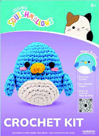 Squishmallow Crochet Kit Bebe Penguin plush toy on a purple background, featuring Squishmallows branding.