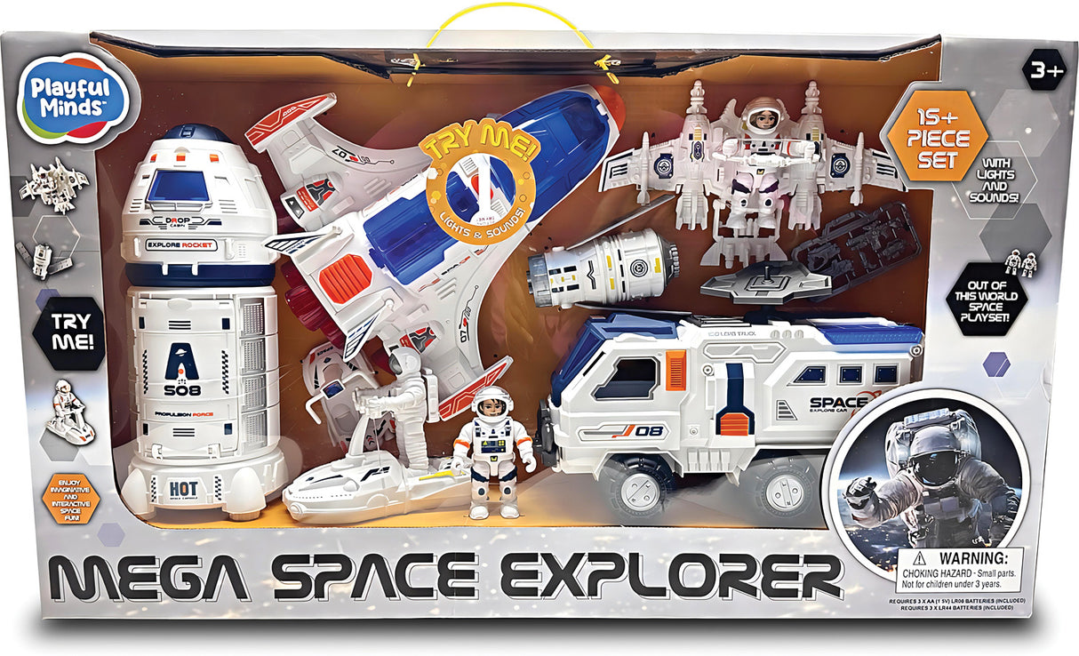 Mega Space Explorer toy set packaging with various space-themed toys on a brown background.
