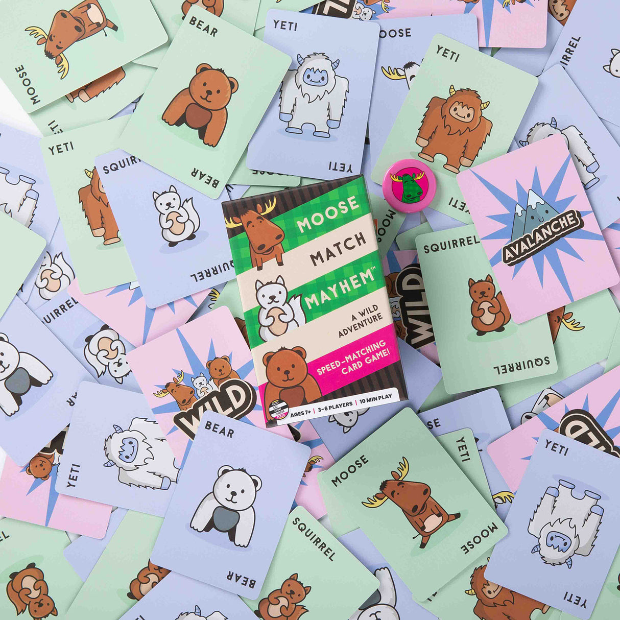 Collection of Moose Match Mayhem Card Game with animal illustrations on a multicolored background