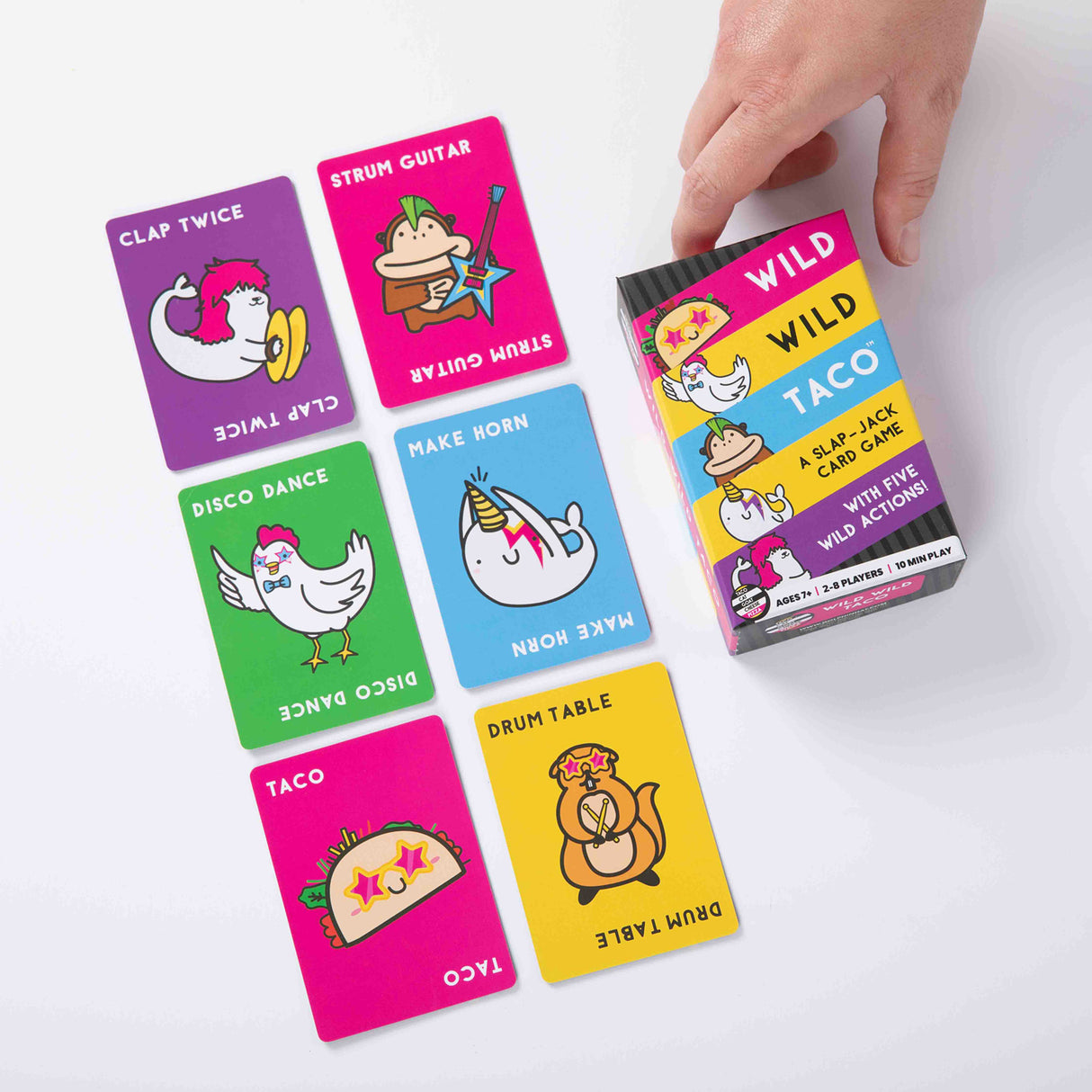 Wild Wild Taco Card Game packaging with colorful cards featuring cartoon characters on a white background