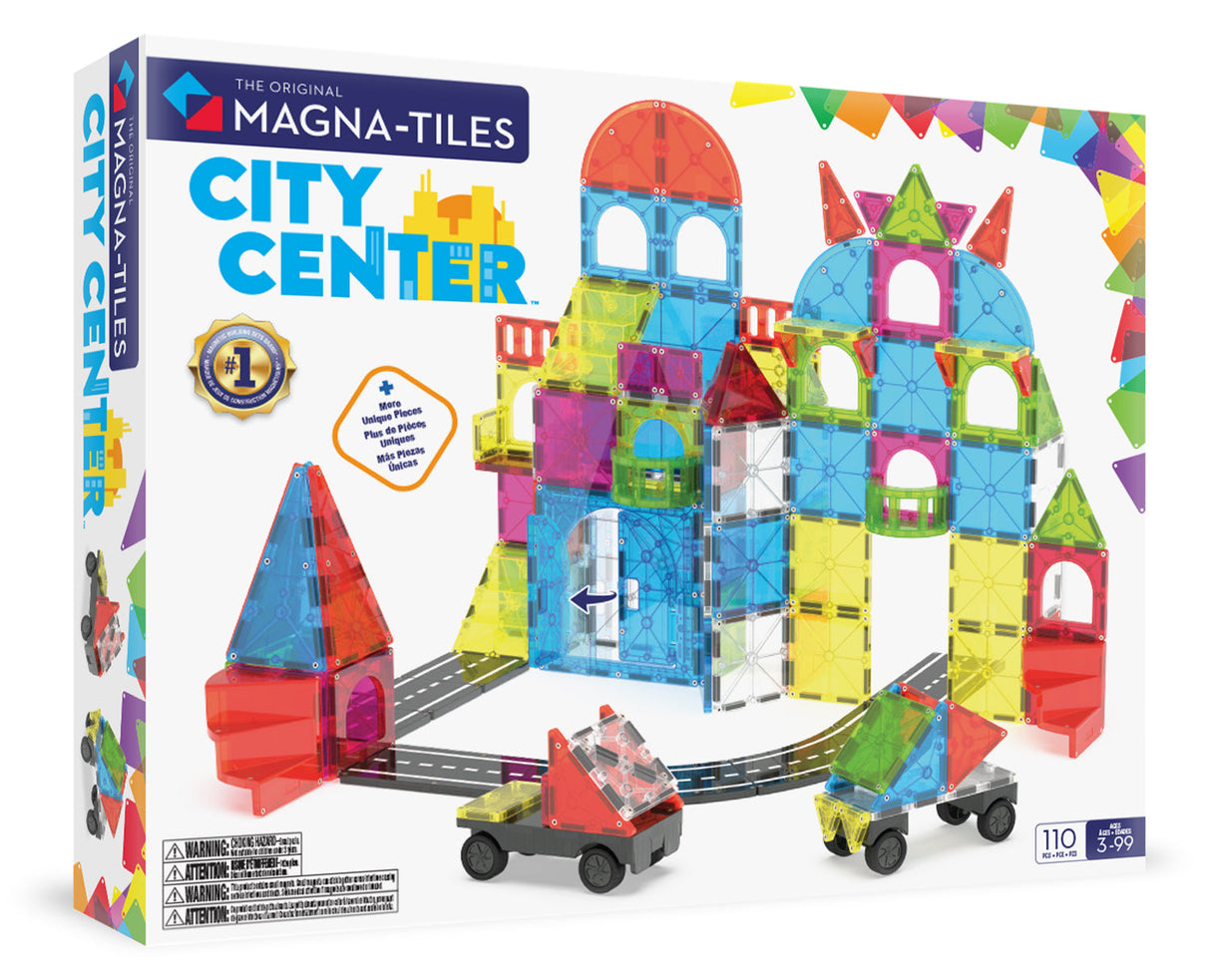 Magna-Tiles City Center toy set packaging with colorful building blocks and cars on a white background