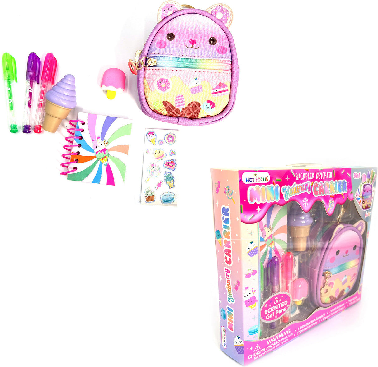 Colorful stationery set with a small backpack, pens, stickers, and a windmill, displayed with packaging.