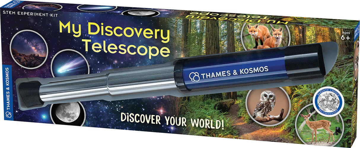 Thames & Kosmos My Discovery Telescope packaging with images of nature and space.
