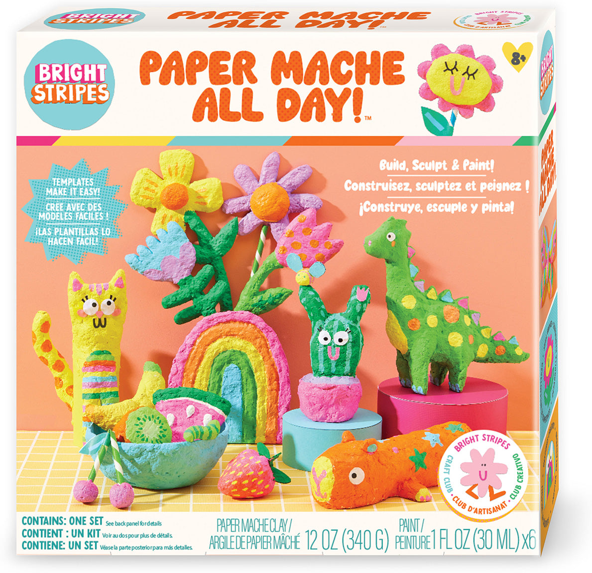 Box of Bright Stripes Paper Mache All Day craft kit with colorful paper mache creations.
