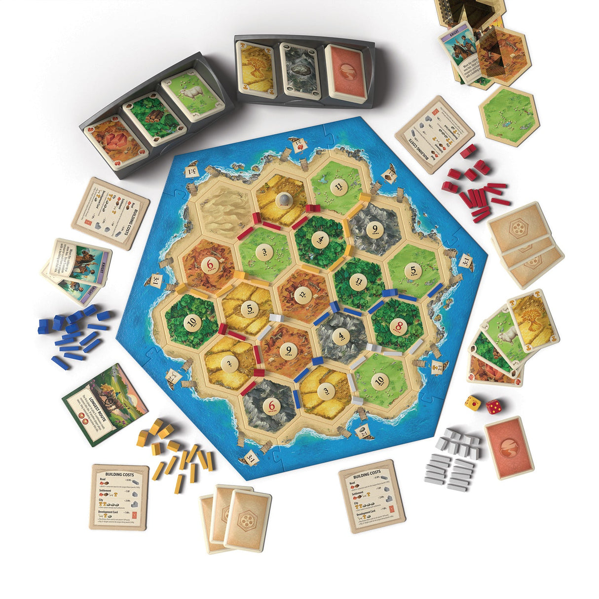Catan The Game - 6th Edition with hexagonal board and various game pieces on a white background