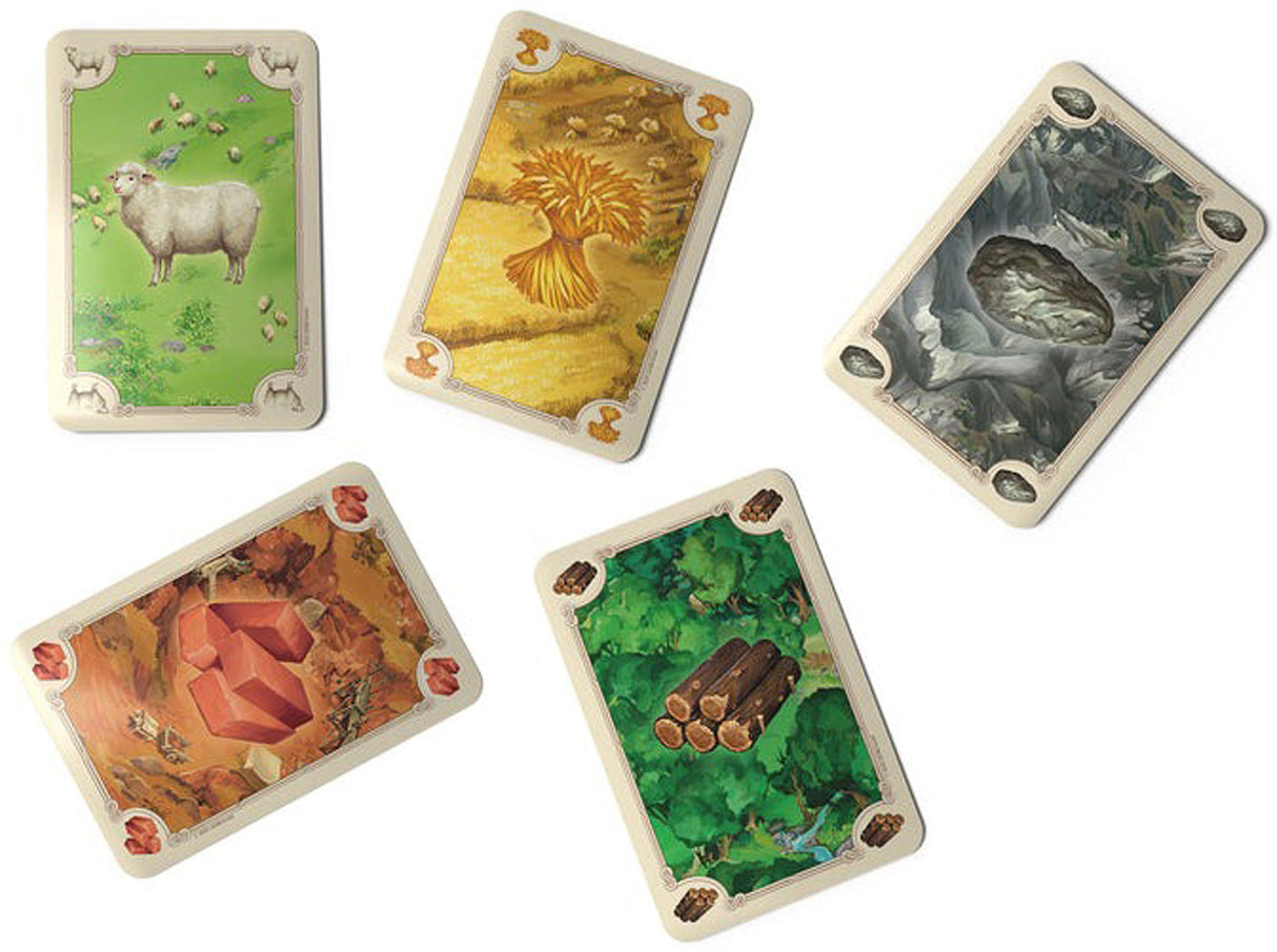 Catan The Game - 6th Edition Set of five playing cards with nature-themed illustrations on a white background