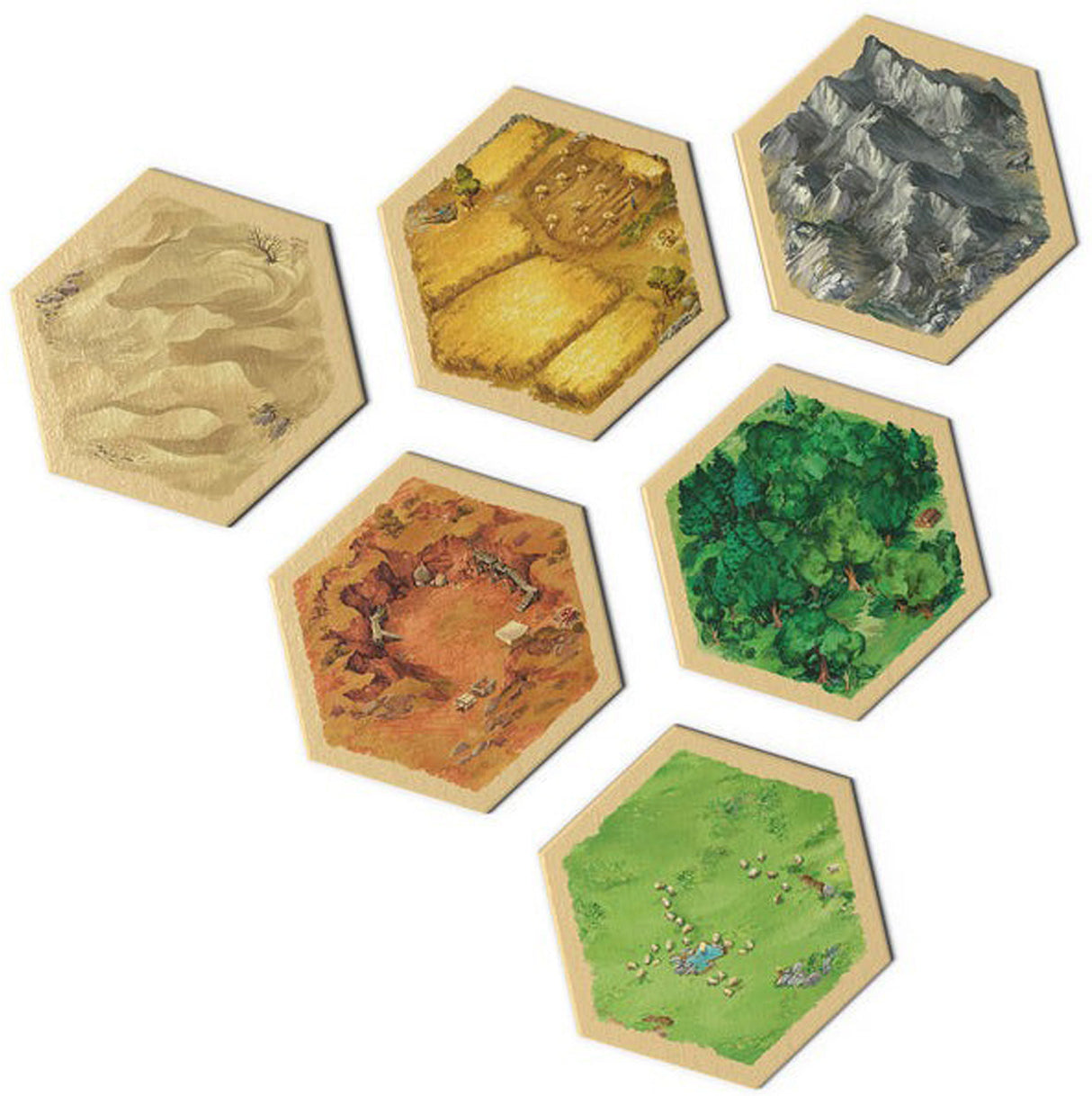 Catan The Game - 6th Edition Hexagonal game tiles with different landscapes on a white background