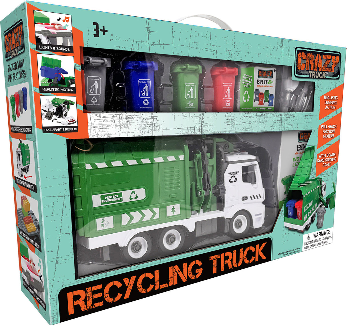 Boxed Crazy Truck Recycling Truck with colorful trash bins on a white background