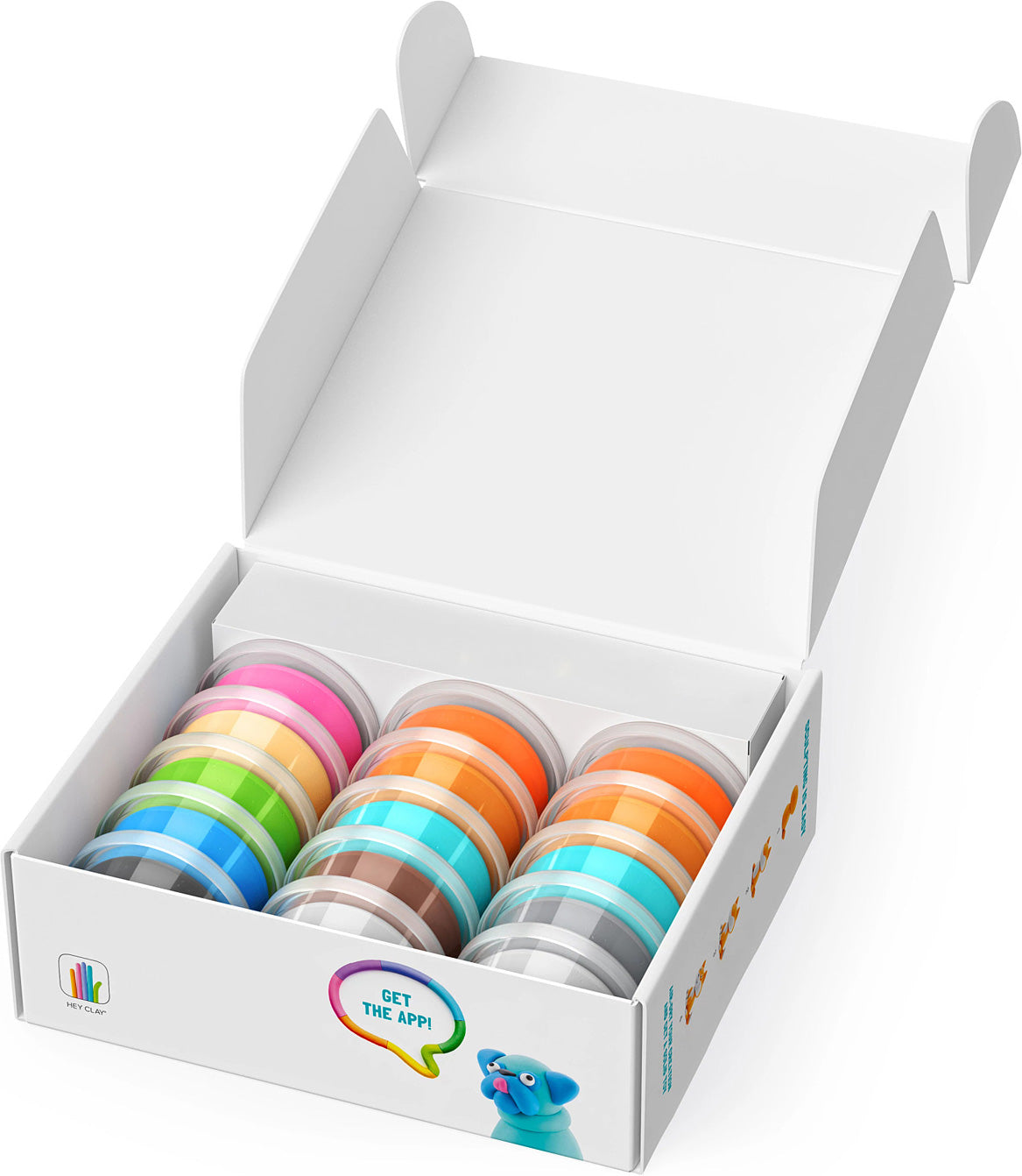 Box of colorful striped Hey Clay in a white box on a white background