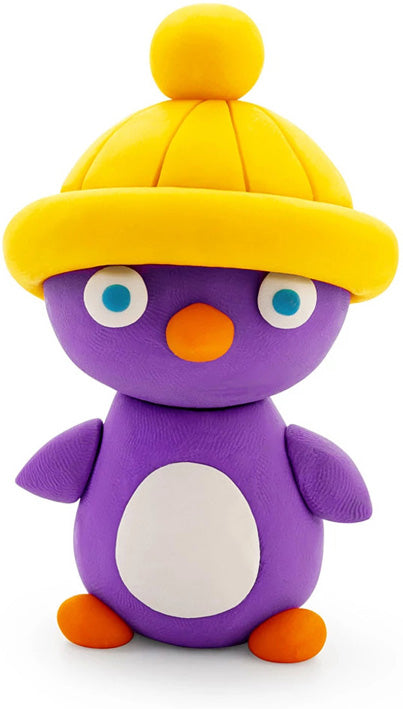 Hey Clay Winter Holidays , Purple toy penguin with a yellow hat on a white background