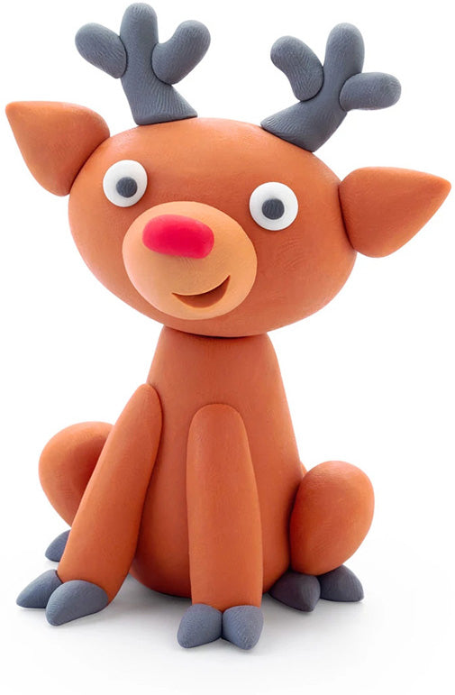 Hey Clay Winter Holidays , reindeer with a red nose on a white background