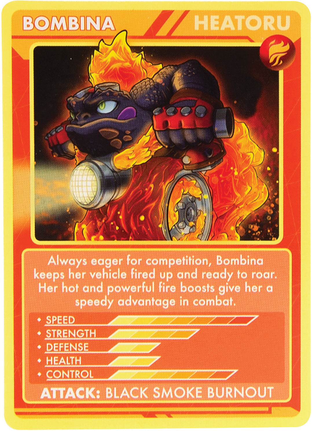 Doteki Multiplayer Battle Pack Card featuring a character named Bombina with fiery design and text about her abilities.