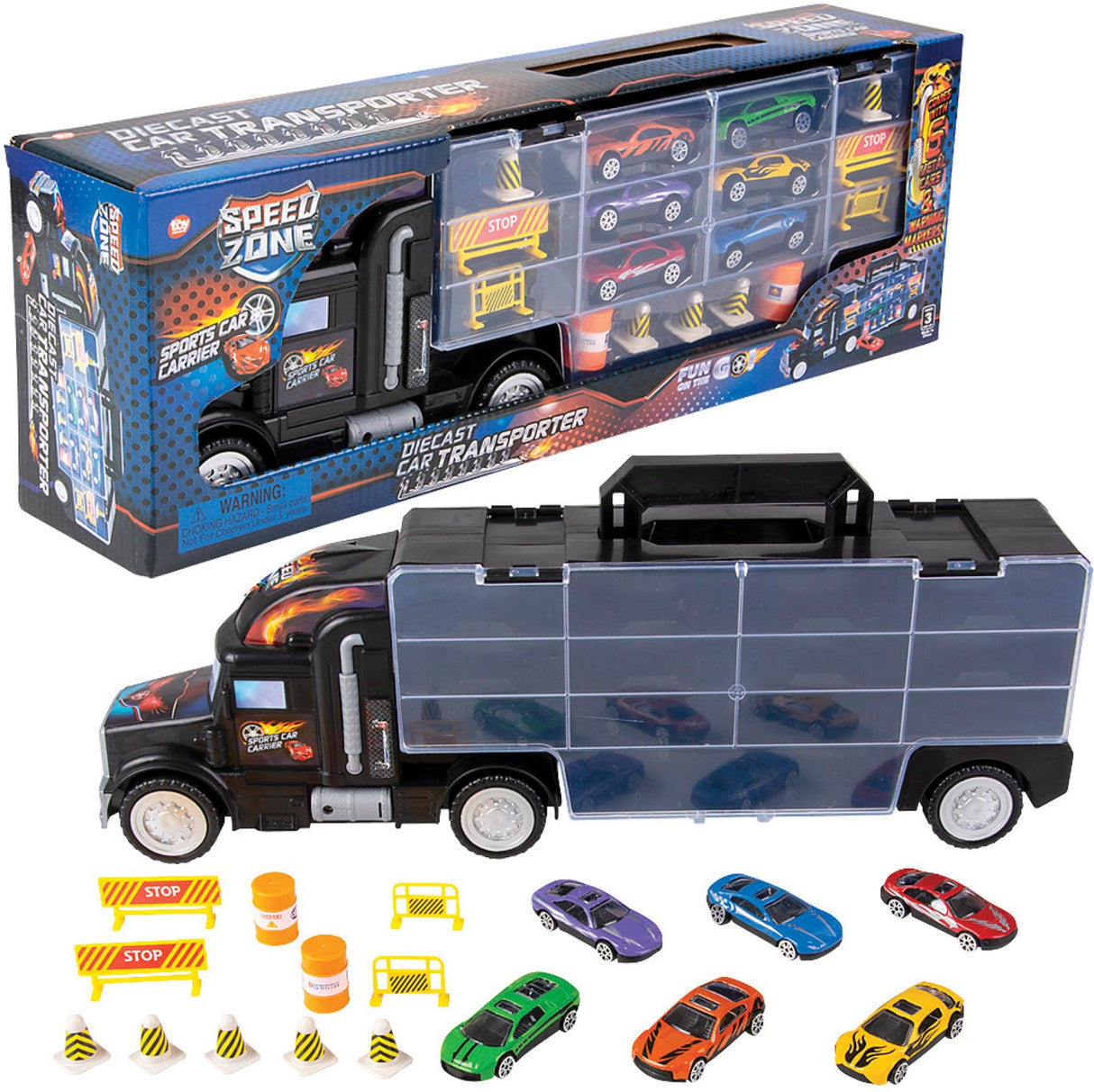 Toy truck carrier with diecast cars and accessories in packaging