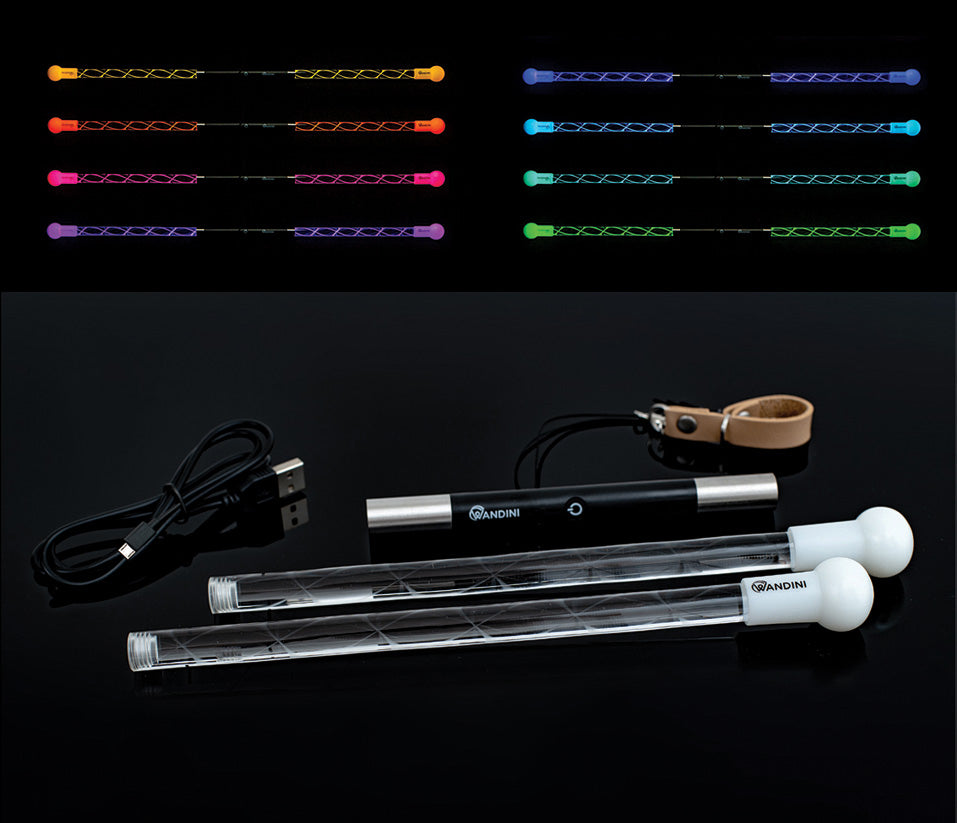 Wandini Glow.0 Magic LED Levitation Wand Light-up sticks with colorful lights and a power cable on a black background