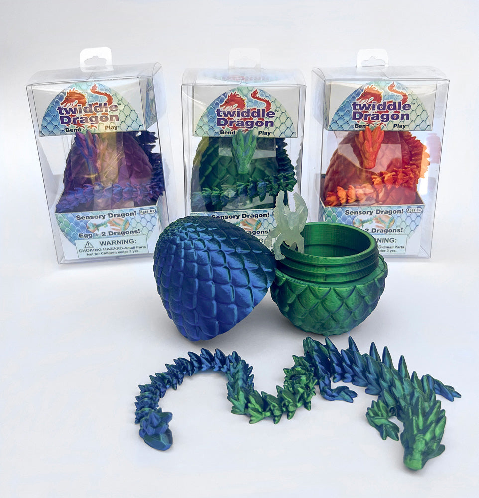 Colorful Twiddle Sensory Dragons with packaging on a white background