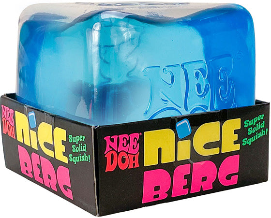 Blue NeeDoh Nice Berg in a transparent container with colorful 'Nee Doh Nice Berg' branding on a black box.
