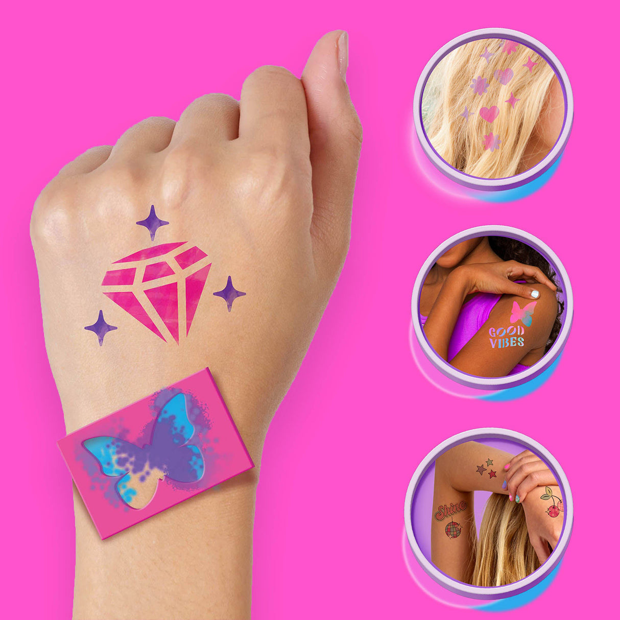 Temporary tattoos with a diamond and butterfly design on a hand, against a pink background.