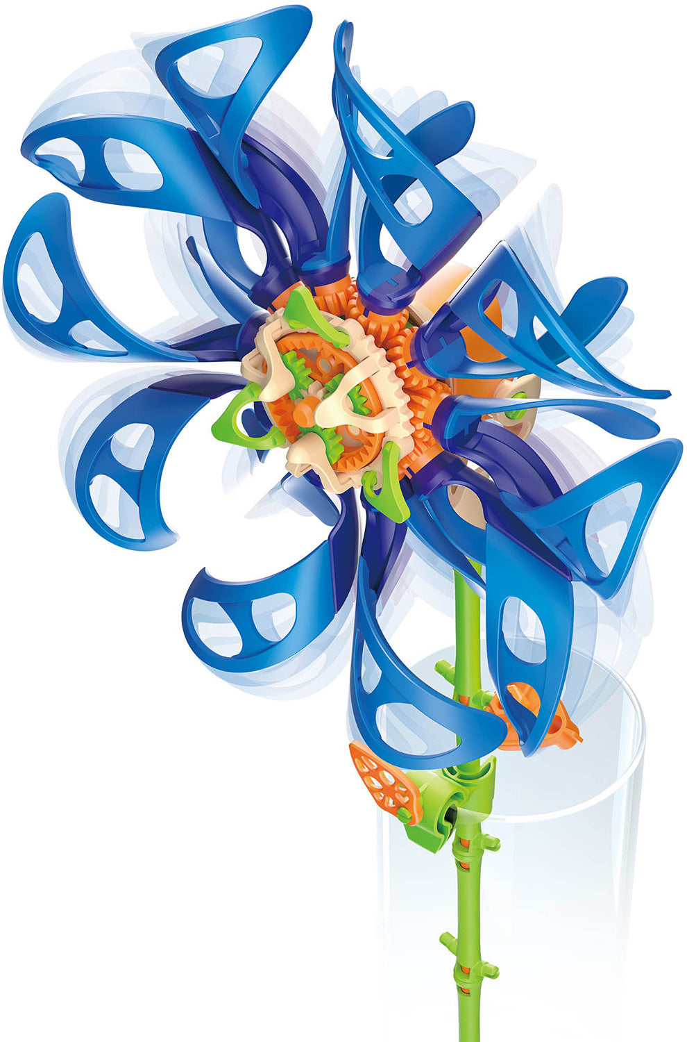 Colorful SolarFlower Sapphire Swirl toy with blue, orange, and green design on a white background