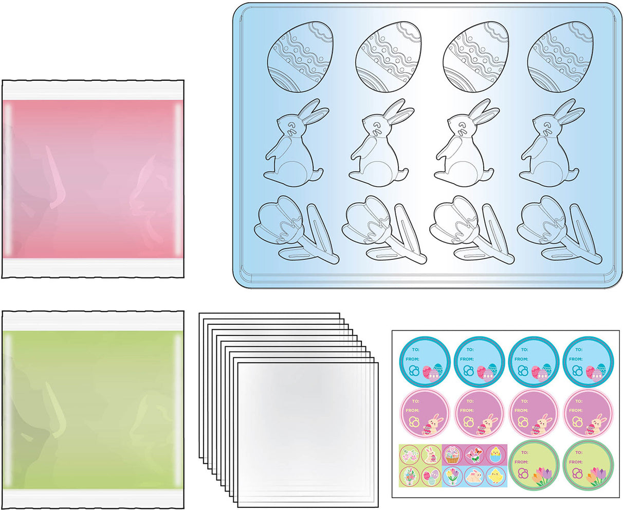 Tasty Labs: Gummy Candy Kit - Bunnies, Eggs & Tulips! Set of Easter-themed products including a mold, stickers, and paper sheets.