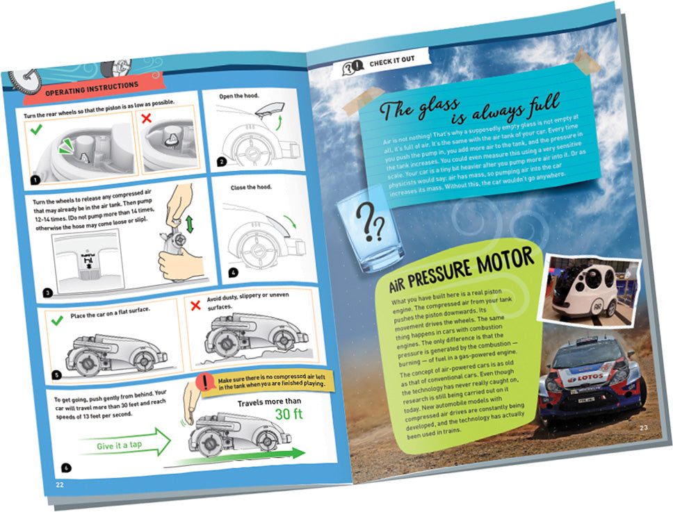 Open book with educational content about air pressure motors and vehicle operations.