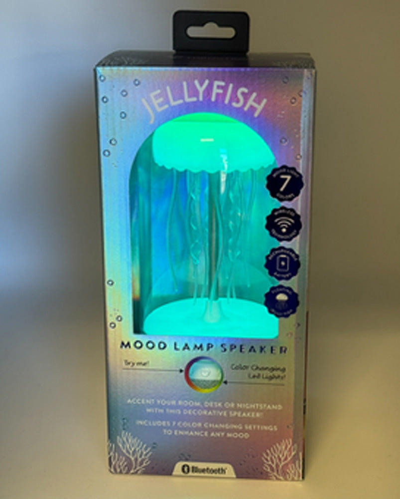 Boxed Jellyfish Mood Lamp Speaker with colorful design and text on a neutral background