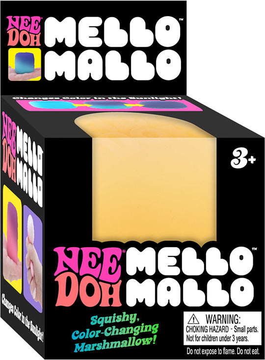 Box of Yellow Nee Doh Mello Mallo color-changing marshmallow with warning label.