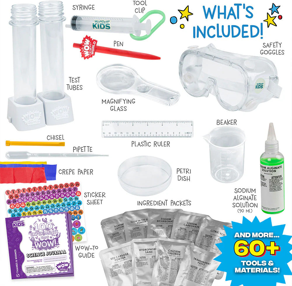 Wow in the World: 100 Experiments That WOW! kit with various tools and materials on a white background